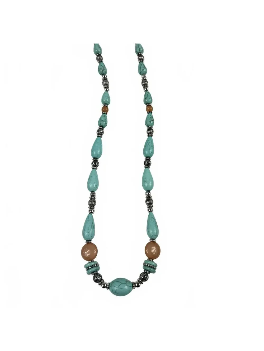Fashion Jewelry Beaded Silver, Turquoise & Brown Toned Women's Necklace